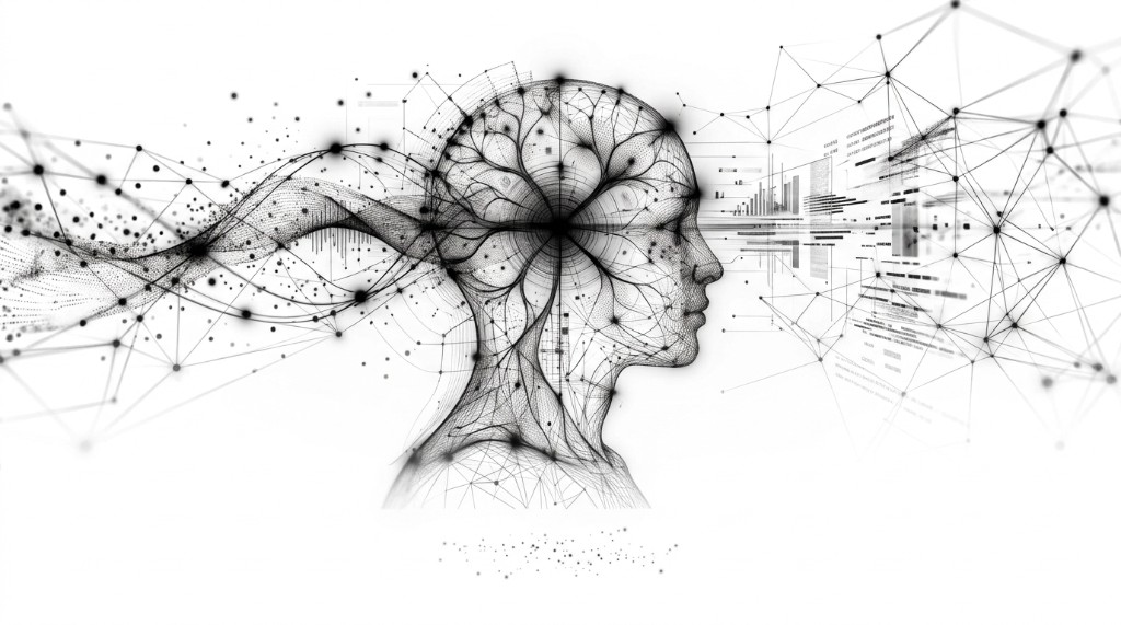 A mind drawn as a network, opening onto data and software